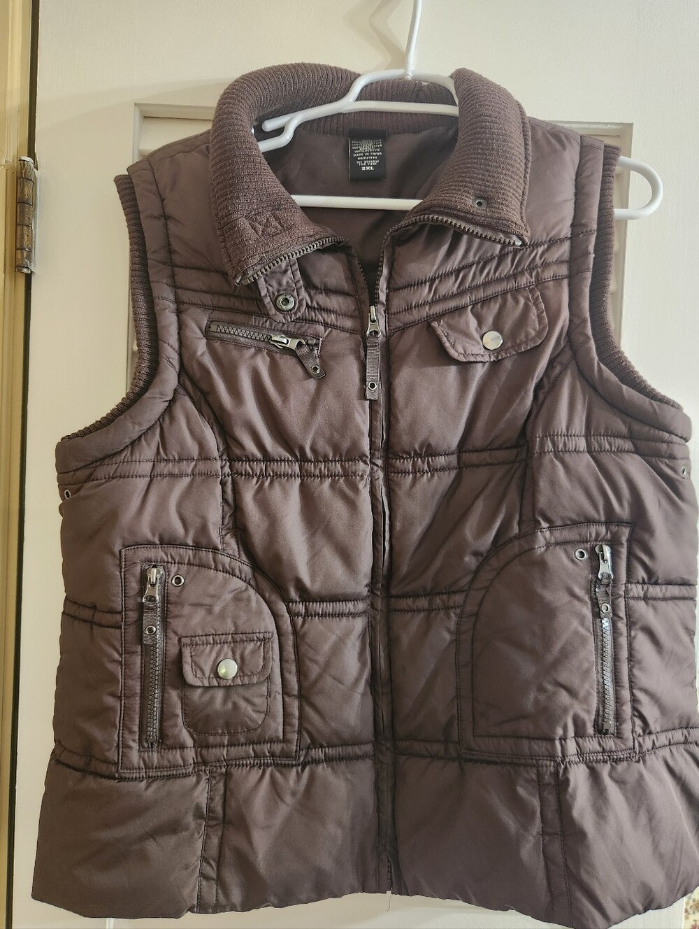 Vanity Y2K Gorpcore Brown Quilted Puffer Vest Knit Collar & Utility Pockets XXL